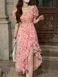 Elegant Floral Print Polyester Blend 1pc Fit and Flare Dress - Ruffle Hem, Scoop Neck, Woven Fabric - for Spring/Summer Women