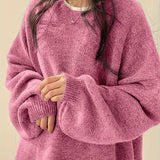 Cozy Womens Crew Neck Pullover Sweater - Relaxed Fit, Dramatic Drop Shoulder & Trendy Split - Soft Knit, Everyday Casual Style - Solid Color Wardrobe Staple