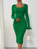 Solid Pattern Bodycon Sweater Dress - Acrylic Blend, Elegant Ribbed Knit, Middle Eastern Style, Lettuce Trim Fluted Sleeves, Square Neckline