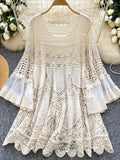 NEW Bohemian Style Vintage Knitted Dress for Women Loose Hollow Hook Flower Design Short Mid-Skirt
