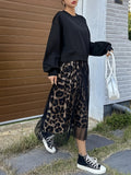 [Leopard Print Crew Neck Dress] Leopard Print Crew Neck Dress, Elegant Long Sleeve Mesh Stitching A-line Dress for Spring & Fall, Women's Clothing