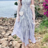 French Style First Love Cherry Blossom Pink Tie-Dye Suspender Dress Vacation Style Fairy Style Gradient Dyeing Women's Summer Floral Irregular Hem Vacation Long Dress