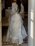[Misty Dress] Misty Blue-Gray Dress | Long Sleeves, Ruffled Hem, Butterfly Design And Golden Accents - Perfect for Early Autumn
