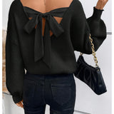 Soft Polyester Elegant French-Inspired Plus Size Sweater - V-Neck with Bow Tie Back, Hand Washable, Classic Knitwear, Smooth Texture, All-Season Apparel