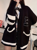 Preppy Long Sleeve E Pattern Button Up Cardigan - Pocket Cardigan For Fall & Winter - Women's Clothing