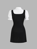 [Patchwork Bow Elegant Dress] Elegant Patchwork Polyester Dress with Bow Detail, Double-Breasted Faux Two-Piece Fitted Dress for Adults, Woven All-Season Dress