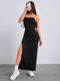 Solid Color Split Cami Dress, Elegant Sleeveless Bodycon Maxi Dress For Spring & Summer, Women's Clothing