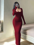 Elegant Long Sleeve Slim Square Neck Maxi Dress - Women's Clothing For Spring & Fall