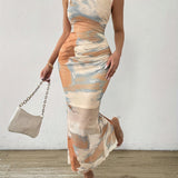 Elegant Women's Tie-Dye Print Sleeveless Maxi Dress - Chic Stand Collar, Ruched Bodycon Design in Vibrant Orange/Blue/White, Polyester Blend with Stretch, Machine Washable for All Seasons
