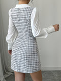 1pc Elegant Women'S V-Neck Plaid Dress, Polyester Woven Fit with Button Closure, with Bow Detail, for All-Season Fashion