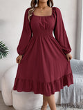 Stunning Ruffle Hem A-Line Dress - Women's Elegant Solid Color Square Neck Backless Shirred Clothing with Lantern Sleeves - Perfect for Formal Occasions and Parties