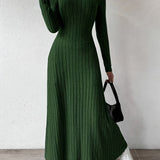 Elegant Solid Color V-Neck Knit Long Sleeve A-Line Dress - Ribbed Texture, Machine Washable, Polyester - Chic Middle Eastern Style for Fall, Elegant Long Sleeve Knit Dress