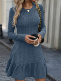 Long Sleeve Ruffle Hem Ribbed A-line Dress, Casual Crew Neck Solid Color Dress For Spring & Fall, Women's Clothing