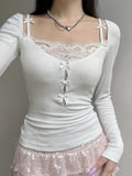 Chic White Stretchy Polyester Blend Bow Tie Top - Elegant Y2K-Inspired, Long Sleeve, Sweetheart Neck, Machine Washable - Comfy for Spring/Fall