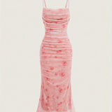 For Spring & Summer, Elegant Sleeveless Floral Print Spaghetti Suspender Ruched Bodycon Cami Dress, Women's Clothing