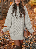 Women's Long Sleeve Cable Knit Dress, Casual Solid Color Crew Neck Loose Fit Knitted Dress for Everyday Wear