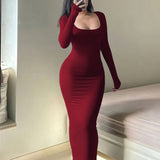 Elegant Long Sleeve Slim Square Neck Maxi Dress - Women's Clothing For Spring & Fall