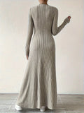 Elegant Solid Color V-Neck Knit Long Sleeve A-Line Dress - Ribbed Texture, Machine Washable, Polyester - Chic Middle Eastern Style for Fall, Elegant Long Sleeve Knit Dress