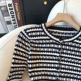 Women's Cropped Cardigan Long Sleeve Button Down Jacket Striped Single Breasted Fitted Knit Top Teen-girl Y2K Grunge Outfit