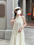 Asian Style Embroidered Polyester Tunic Dress for Women, Elegant Crew Neck Sleeveless Long Summer Dress with Tie-Back Detail and Straight Hem
