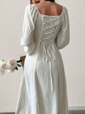 Elegant Textured Midi Dress - Cross Tie Lantern Sleeve Solid Color Romantic Dress for Women
