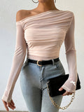 Semi-Sheer Stretchy Polyester Blend Off-Shoulder Ruched Long Sleeve Top with Bow Detail - Elegant for Women - Perfect for Fall/Winter voguable