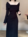 Long Sleeve 3D Floral Off-Shoulder Knit Dress - Solid Color, Regular Fit, A-Line, Winter Fashion, Sweater Knit Fabric