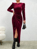 [Long Sleeve Solid Dress] Long Sleeve Split Hem Solid Dress, Elegant Crew Neck Slim Dress For Party & Banquet, Women's Clothing
