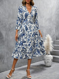 [Elegant Celadon Style Print Dress] Women'S Elegant Print Temperament Casual Celadon Style Dress