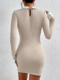 [Long Sleeve Bodycon Dress] Color Block Long Sleeve Bodycon Dress, Elegant Flat Collar Keyhole Above Knee Dress, Women's Clothing