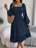 Stunning Ruffle Hem A-Line Dress - Women's Elegant Solid Color Square Neck Backless Shirred Clothing with Lantern Sleeves - Perfect for Formal Occasions and Parties