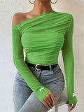 Semi-Sheer Stretchy Polyester Blend Off-Shoulder Ruched Long Sleeve Top with Bow Detail - Elegant for Women - Perfect for Fall/Winter voguable