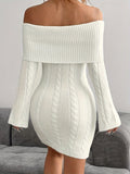 Women'S Off-Shoulder Knit Dress, Casual Solid Color Polyester Bodycon with Spandex, Autumn Winter One-Shoulder Weave Dress