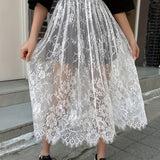 Y2K Lace Semi-Sheer A-Line Skirt, Solid Color Elastic Waist Midi Skirt For Spring & Summer, Women's Clothing