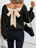 Soft Polyester Elegant French-Inspired Plus Size Sweater - V-Neck with Bow Tie Back, Hand Washable, Classic Knitwear, Smooth Texture, All-Season Apparel