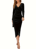 Elegant Black Velvet Midi Dress for Women - Vintage-Inspired V-Neck with Ruched Detail, Long Sleeves, and Asymmetrical Hem - Machine Washable, Polyester & Elastane Blend