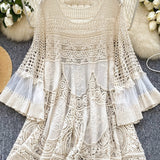 NEW Bohemian Style Vintage Knitted Dress for Women Loose Hollow Hook Flower Design Short Mid-Skirt