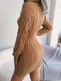 Elegant Cable Knit V Neck Sweater Dress - Long Sleeve Drop Shoulder, Women's Clothing