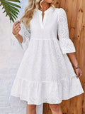 Casual Polyester V-Neck Dress - Elegant Women's Solid Color with Embroidered Lantern Sleeves, Non-Stretch, Machine Washable, Perfect for All Seasons