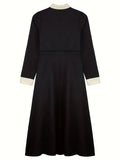 Women'S Long Sleeve Viscose Dress with Button Detail, Solid Color, Tailored Fit, Flared Skirt, Spring/Fall Collection - Elegant Black with White Collar