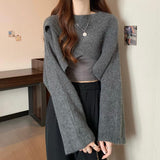 Women Crisscross Sweater Crop Pullover Relaxe-fit Cross Front Knit Wrap Jumper Knitwear Teen-girl Fall Winter Elegant Outfit