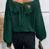 Soft Polyester Elegant French-Inspired Plus Size Sweater - V-Neck with Bow Tie Back, Hand Washable, Classic Knitwear, Smooth Texture, All-Season Apparel