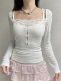 Chic White Stretchy Polyester Blend Bow Tie Top - Elegant Y2K-Inspired, Long Sleeve, Sweetheart Neck, Machine Washable - Comfy for Spring/Fall