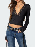 Women's Elegant Red Lace-Trimmed V-Neck T-Shirt - Long Sleeve, High Stretch Polyester, Perfect for Layering Under Sweaters and Jackets, Machine Washable