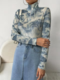 Tie Dye Zipper Collared T-Shirt, Casual Long Sleeve T-Shirt For Spring & Fall, Women's Clothing