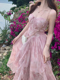 French Style First Love Cherry Blossom Pink Tie-Dye Suspender Dress Vacation Style Fairy Style Gradient Dyeing Women's Summer Floral Irregular Hem Vacation Long Dress