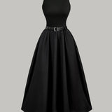 1pc Elegant Sleeveless A-Line Dress for Women, Solid Color Polyester Knit with Belt, Round Neck, Loose Fit - All Seasons Fashion