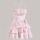 [Floral Print Halter Dress] Floral Print Layered Ruffle Hem Halter Dress, Elegant Sleeveless Dress For Spring & Summer, Women's Clothing