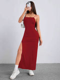 Solid Color Split Cami Dress, Elegant Sleeveless Bodycon Maxi Dress For Spring & Summer, Women's Clothing