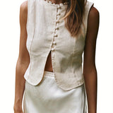 Womens Button Down Vest Solid Boat Neck Sleeveless Tie-Up Back Crop Tank Tops Summer Streetwear